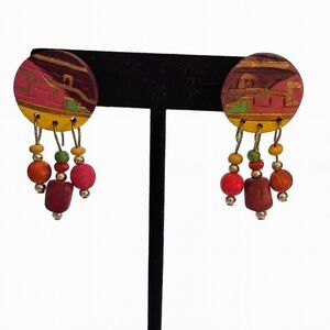 Vintage 80s Hand-Painted Wood Beaded Dangle Earrings